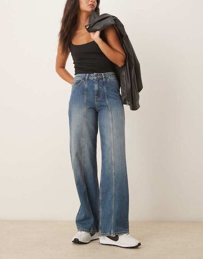 JJXX JJXX Tokyo wide leg jeans with seam detail in mid blue