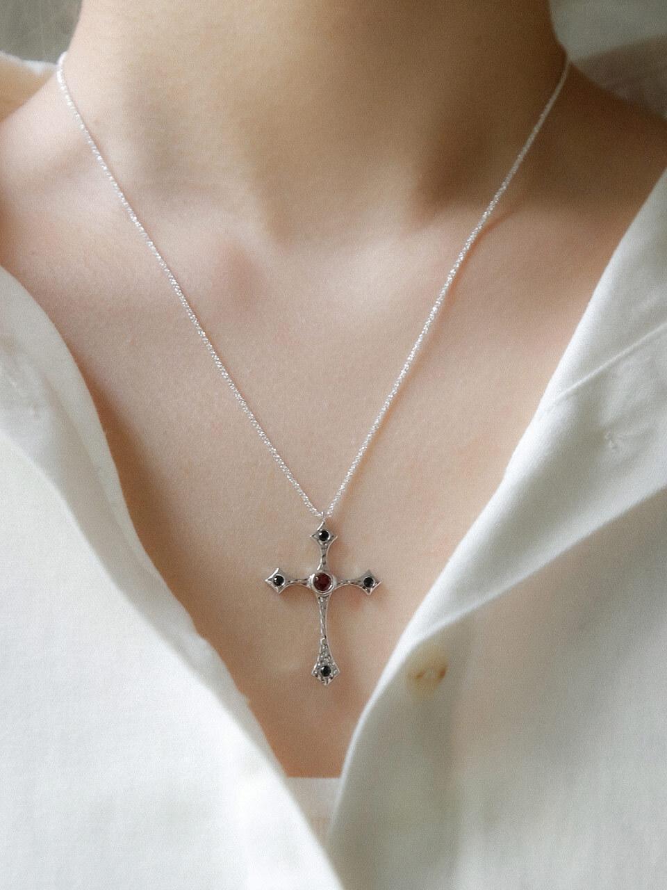 J.Lauren Garnet Cross Silver Necklace