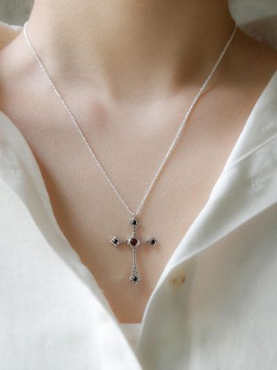 J.Lauren Garnet Cross Silver Necklace