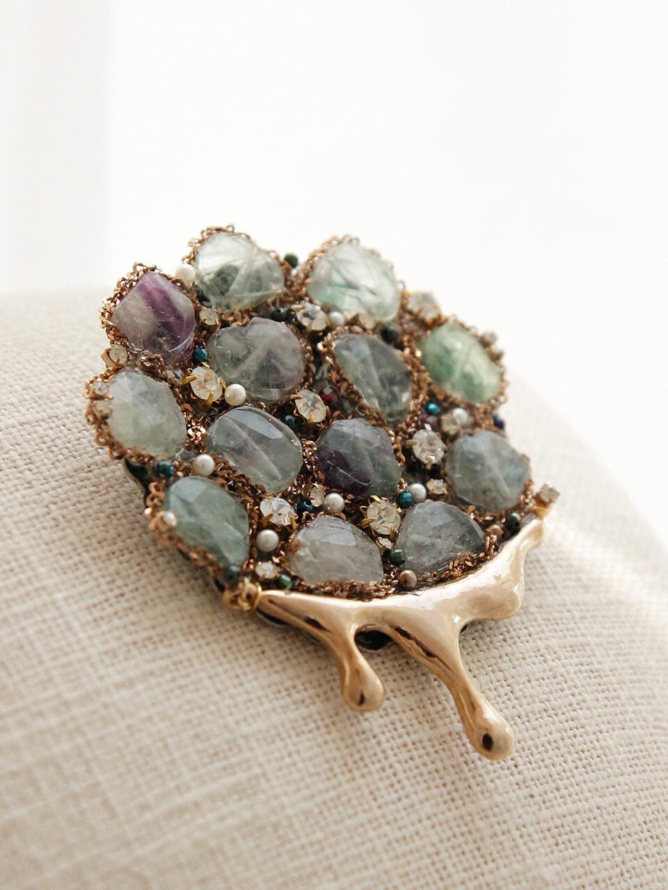 J.Lauren Jade Rutilated Quartz Pearl Brooch Bb0420