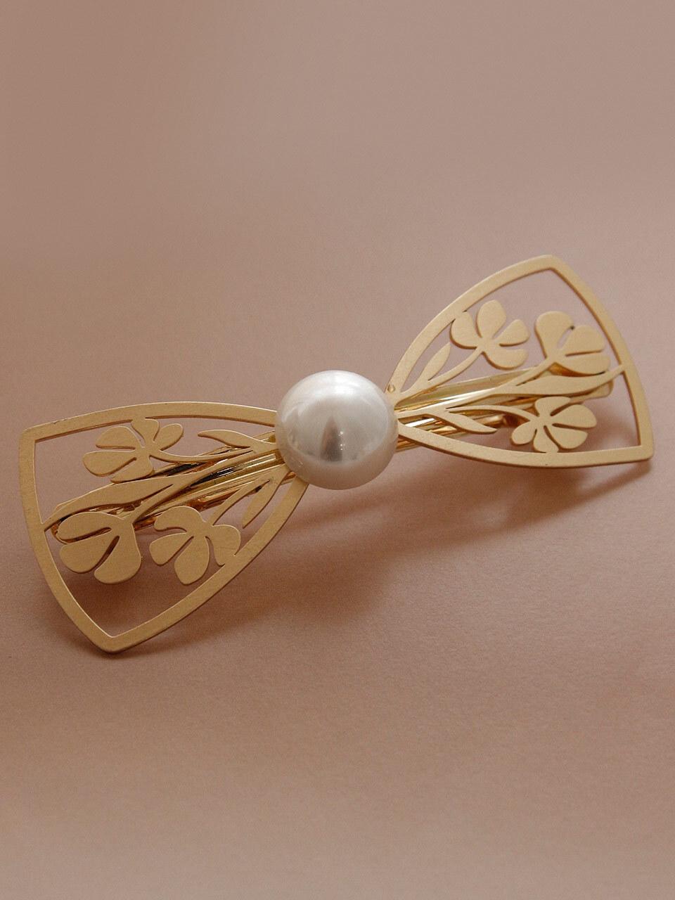 J.Lauren Metal Ribbon Pearl Auto Hair Pin H01188