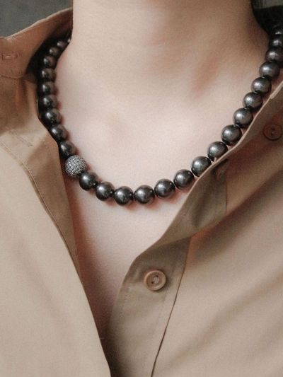 J.Lauren Pave Cubic 12mm Pearl Necklace [Black] (Bn0562)