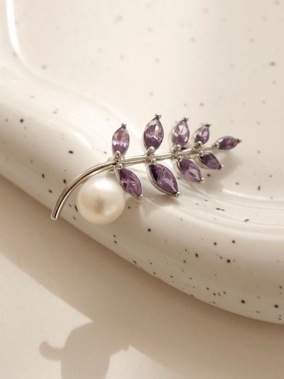 J.Lauren Pearl Cubic Leaf Brass Brooch [Purple] (BB0439)