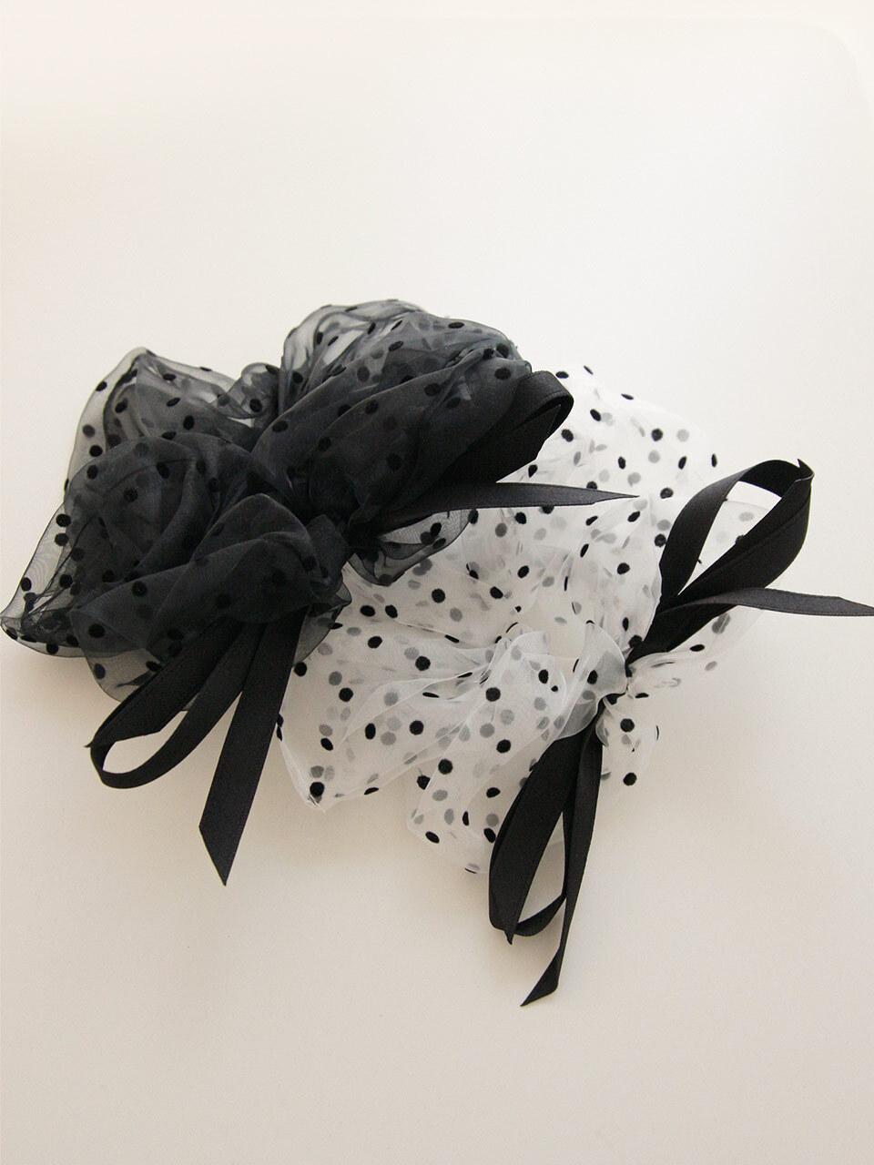 J.Lauren PomPom Dot Chiffon Ribbon Big Scrunchie H01180