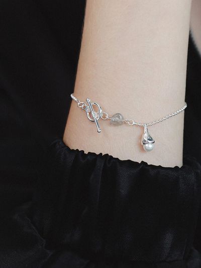 J.Lauren Silver Pearl Charm Toggle Bar Chain Bracelet