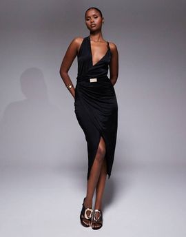 JLUXLABEL JLUXLABEL Anniversary belted wrap midaxi dress in black