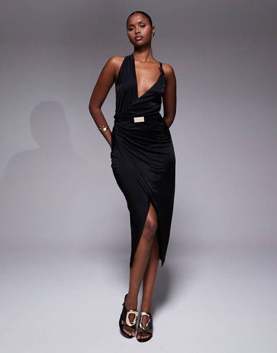 JLUXLABEL JLUXLABEL Anniversary belted wrap midaxi dress in black
