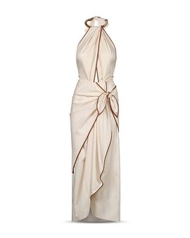 Johanna Ortiz - Strapless Red Petals Embellished Maxi Dress