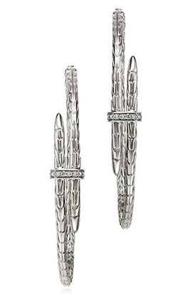 John Hardy John Hardy Large Spear Hoop Earrings, Silver, Diamonds, 45mm 