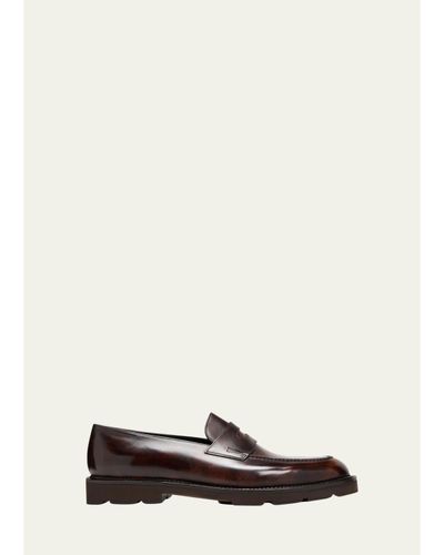 John Lobb Men's Lopez Apron-Toe Leather Penny Loafers