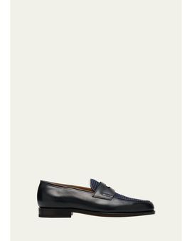 John Lobb Men's Lopez Denim and Leather Penny Loafers