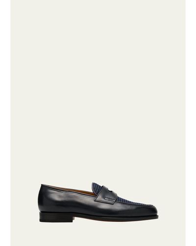 John Lobb Men's Lopez Denim and Leather Penny Loafers