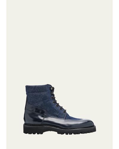 John Lobb Men's Peak Denim and Leather Lace-Up Boots