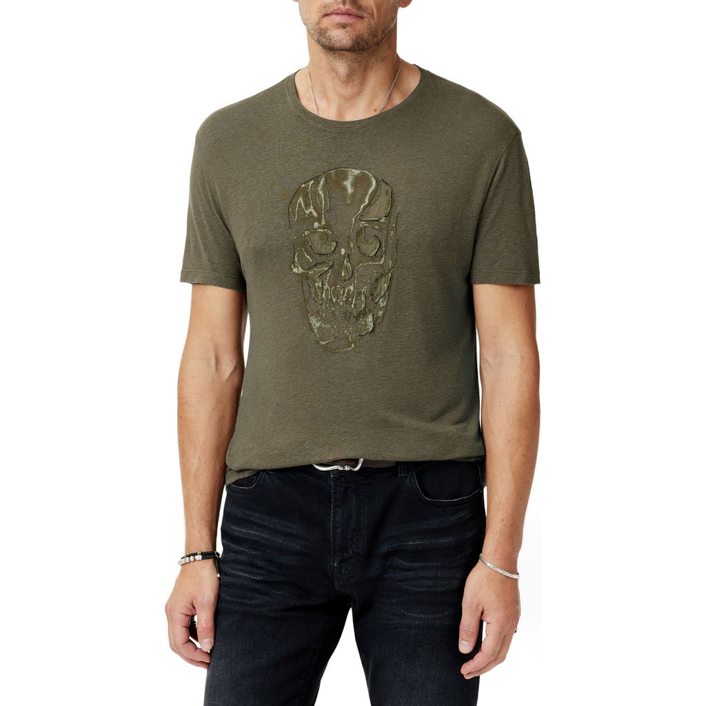 John Varvatos John Varvatos Chain Skull Appliqué Slub Linen Blend T-Shirt