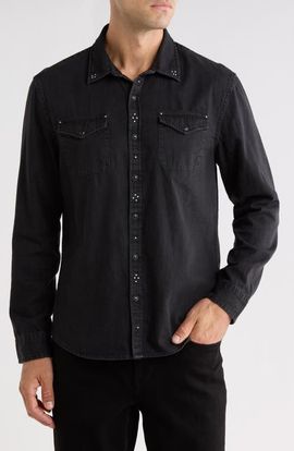 John Varvatos John Varvatos Marshall Studded Coated Cotton Denim Snap-Up Western Shirt