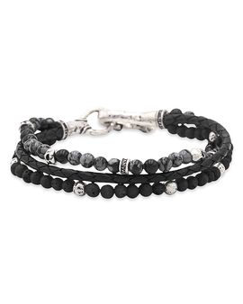 John Varvatos John Varvatos Men's Sterling Silver Skull Obsidian, Lava Stone, & Black Leather Triple Strand Bracelet