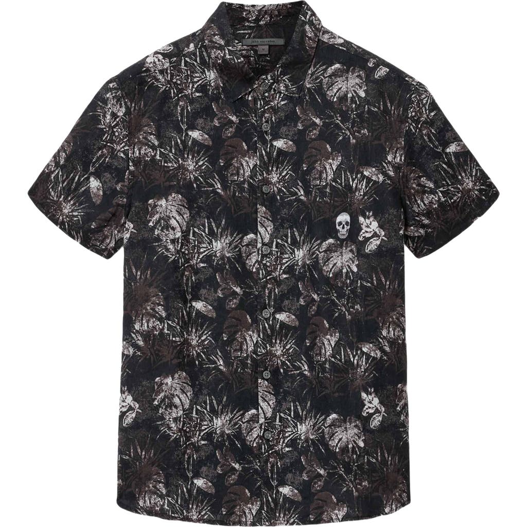 John Varvatos John Varvatos Sean Leaf Print Short Sleeve Linen Button-Up Shirt
