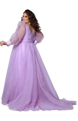 Johnathan Kayne for Sydney's Closet Johnathan Kayne for Sydney's Closet Organza Pouf Sleeve V-Neck Pleated Plus Size Evening Gown