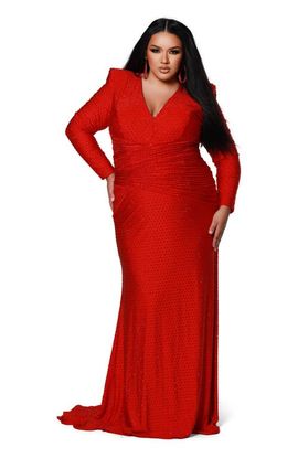 Johnathan Kayne for Sydney's Closet Johnathan Kayne for Sydney's Closet Ruched Long Sleeve V-Neck Plus Size Evening Gown