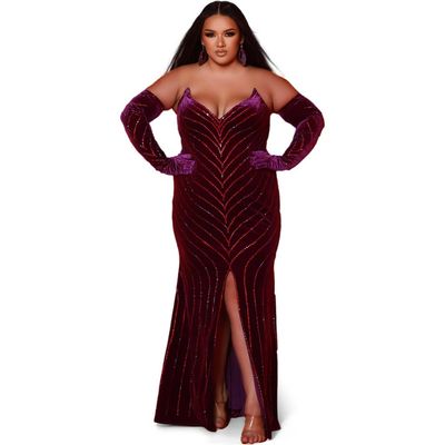 Johnathan Kayne for Sydney's Closet Johnathan Kayne for Sydney's Closet Velvet Cat-Eye Bodice Plus Size Evening Gown