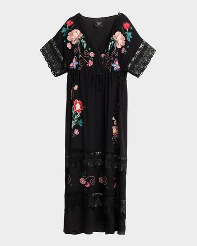 Johnny Was Amapola Embroidered Lace-Trim Maxi Dress