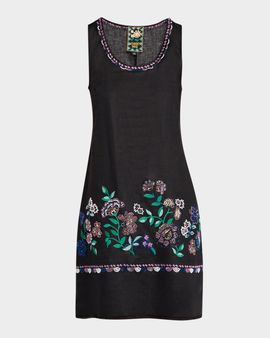 Johnny Was Beaded Floral-Embroidered Linen Tank Dress