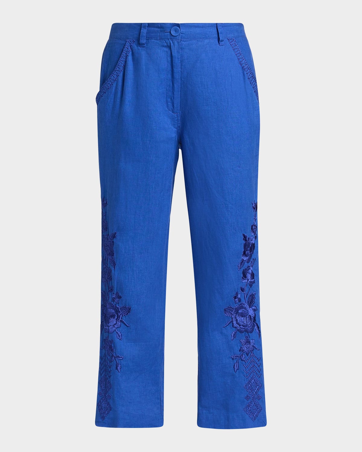Johnny Was Cropped Floral-Embroidered Linen Pants