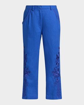 Johnny Was Cropped Floral-Embroidered Linen Pants