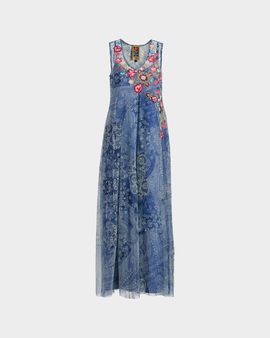 Johnny Was Embroidered Lace-Print Mesh Maxi Dress