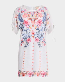 Johnny Was Embroidered Split-Sleeve Mini Dress