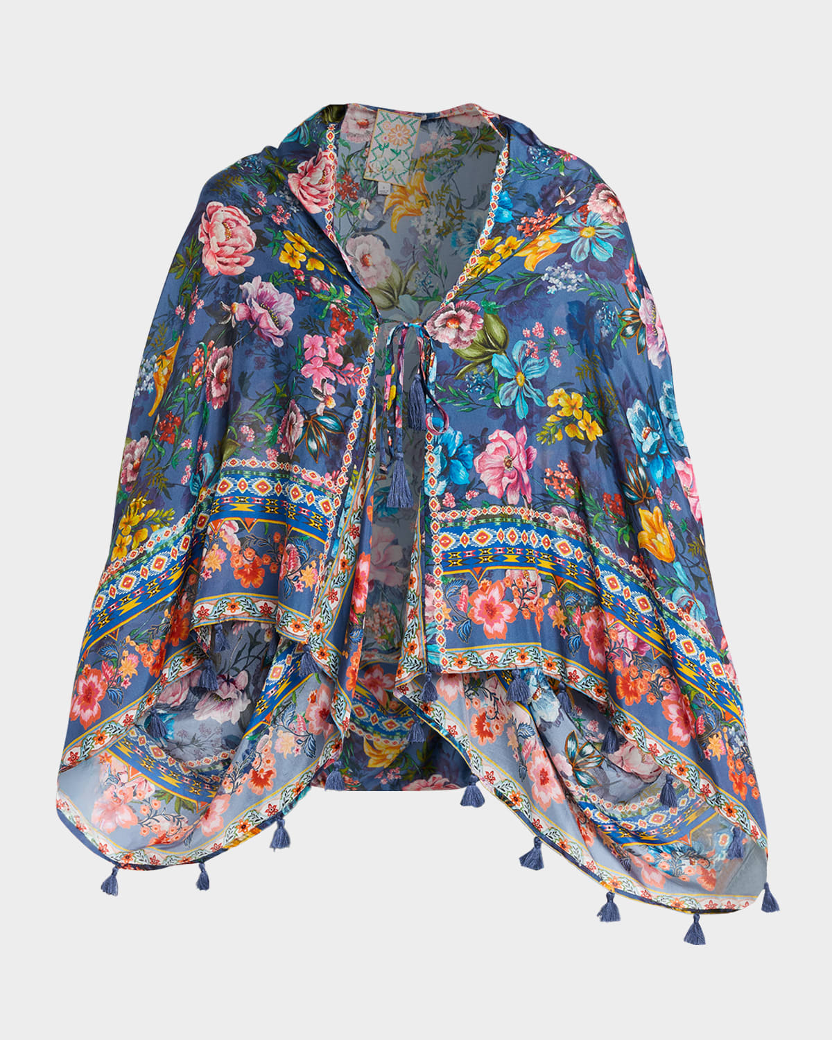 Johnny Was Ercilla Tasseled Floral-Print Silk Wrap Jacket