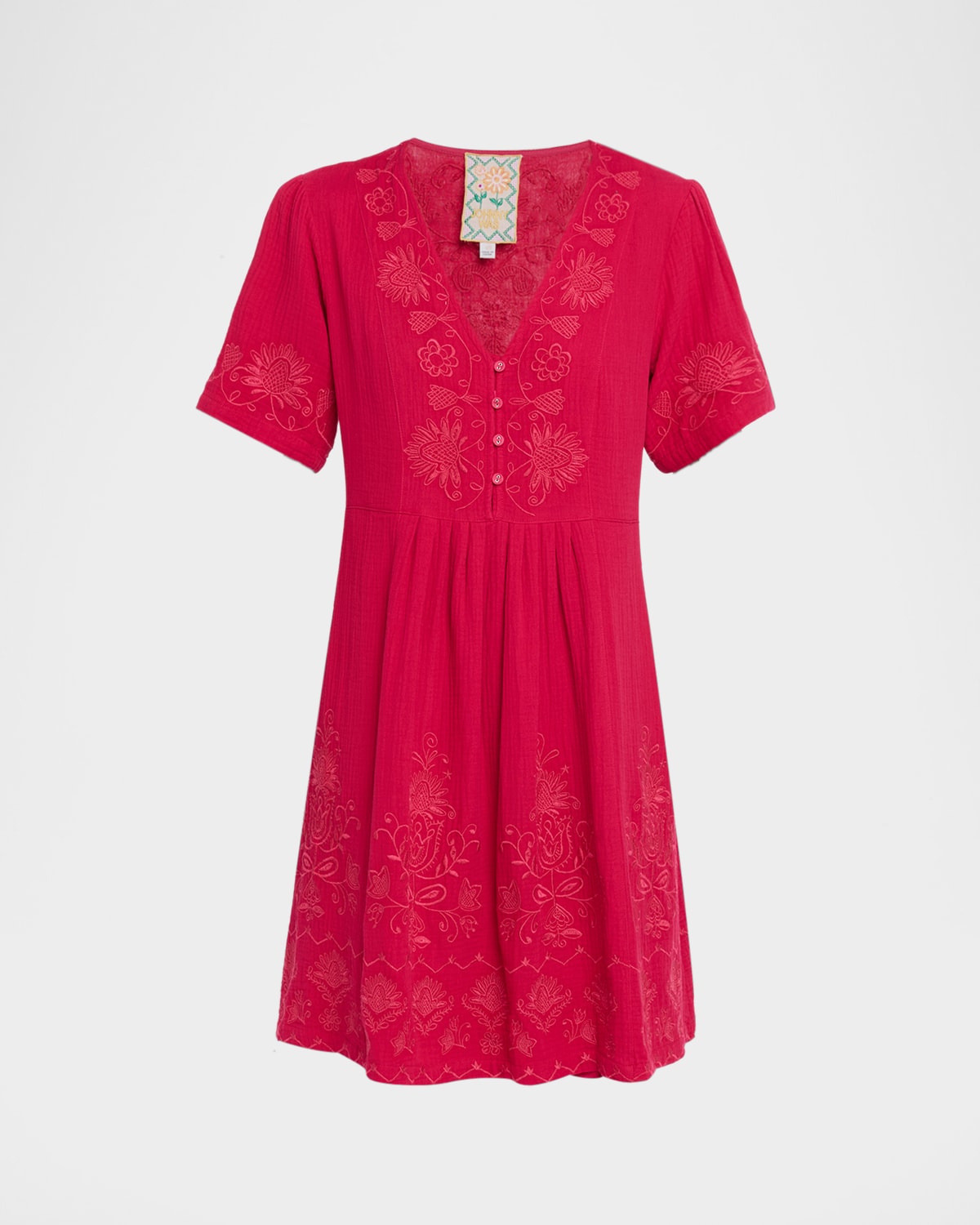 Johnny Was Floral-Embroidered Cotton Gauze Dress