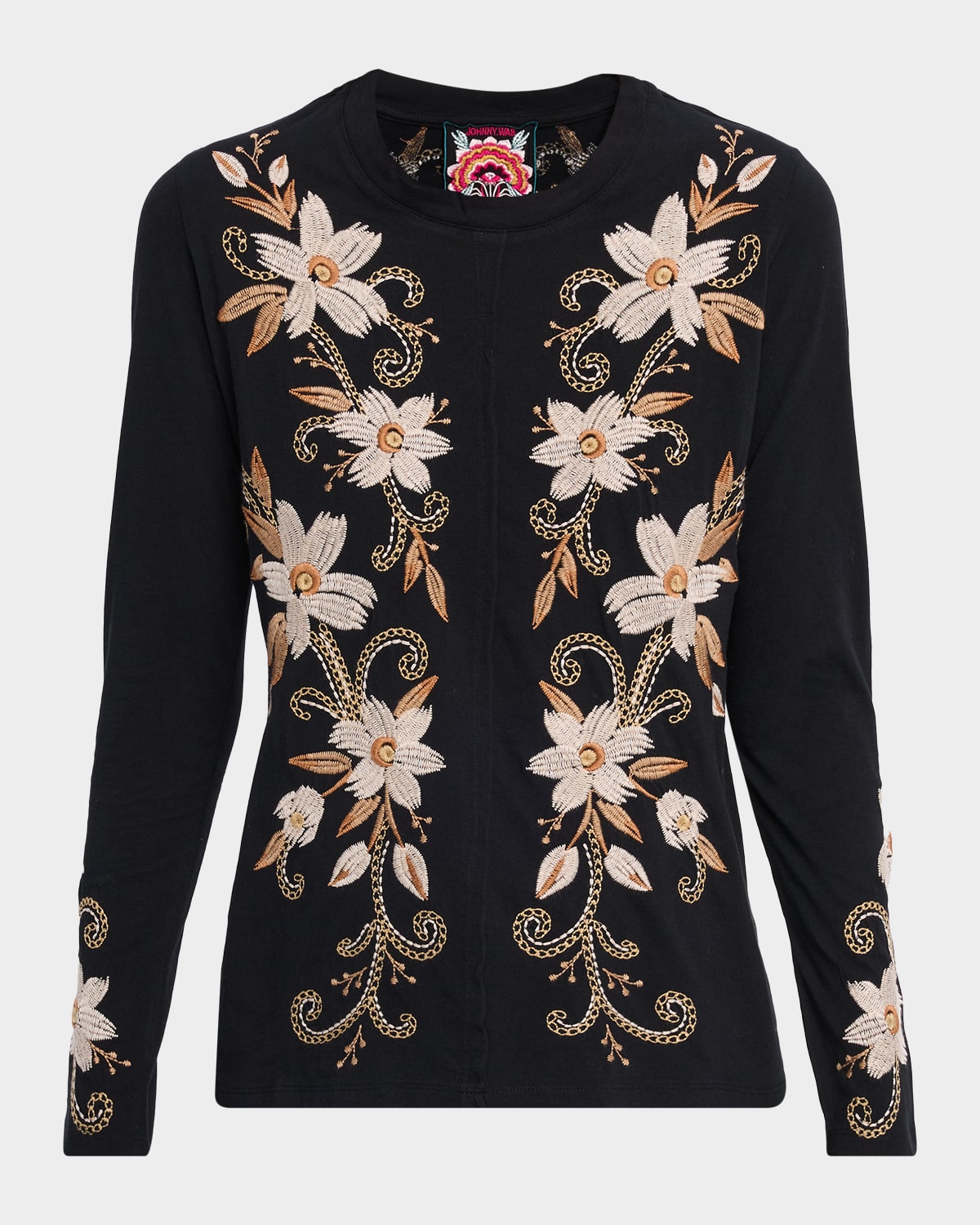 Johnny Was Floral-Embroidered Cotton Knit Tee