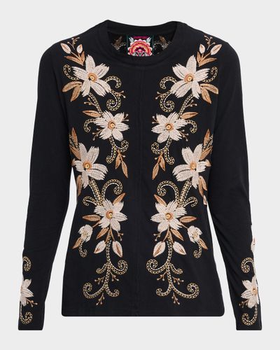 Johnny Was Floral-Embroidered Cotton Knit Tee