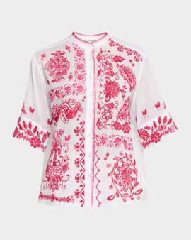 Johnny Was Floral-Embroidered Cotton Shirt