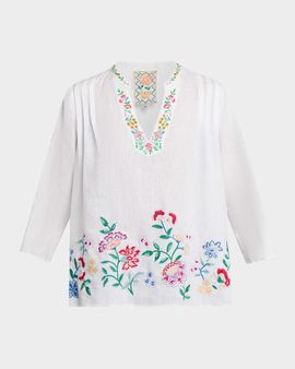 Johnny Was Floral-Embroidered Linen Blouse