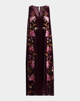 Johnny Was Floral-Embroidered Velvet Swing Midi Dress