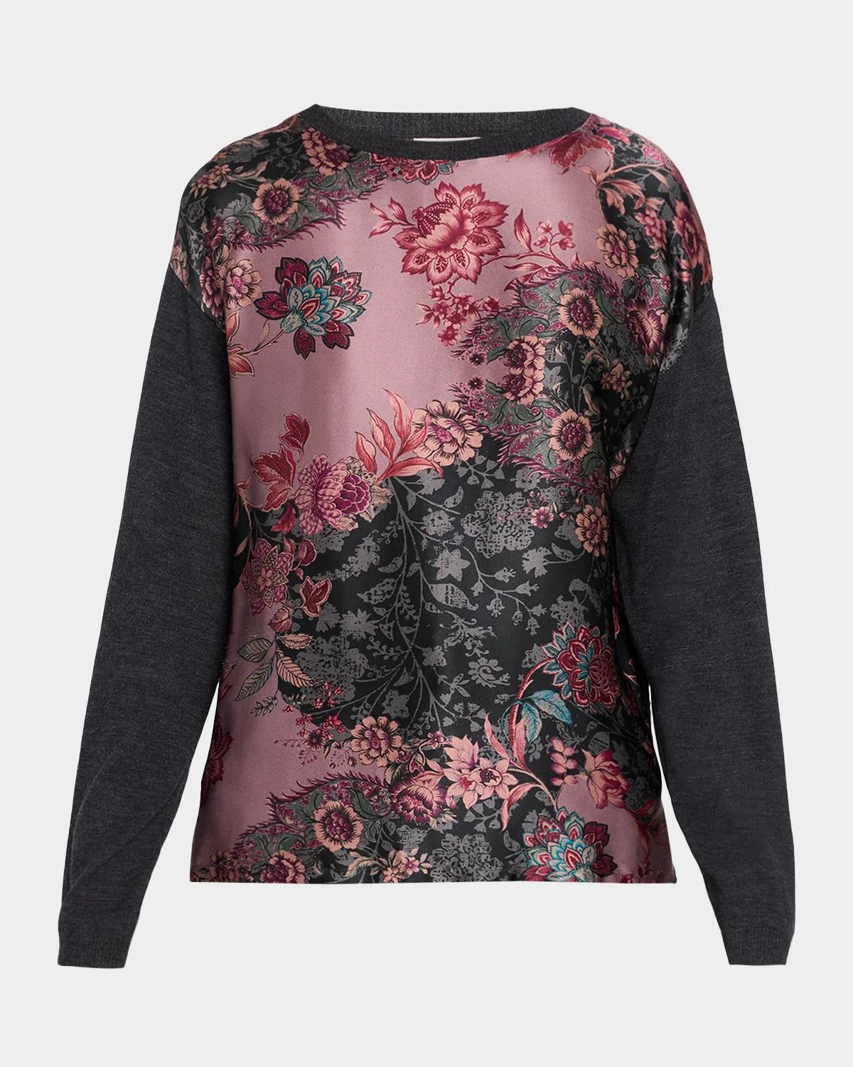 Johnny Was Floral-Print Crewneck Knit Top