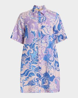 Johnny Was Floral-Print Linen Mini Shirtdress