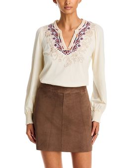 Johnny Was Johnny Was Henley Embroidered Cotton Bishop Sleeve Tee