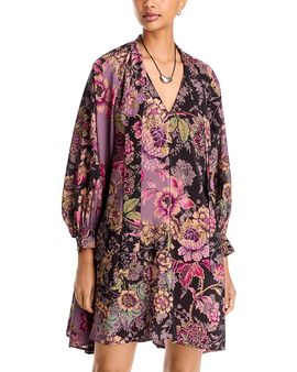 Johnny Was Johnny Was Magaly Silk Tie Neck Mini Dress