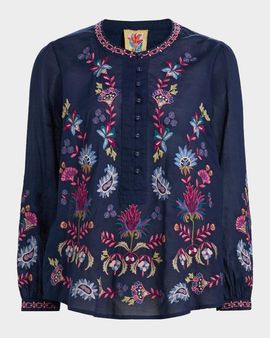 Johnny Was Kesia Embroidered Cotton Henley Blouse