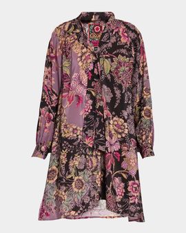 Johnny Was Magaly Tie-Neck Floral Silk Mini Dress