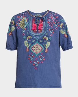 Johnny Was Margot Embroidered Cotton-Silk Blouse