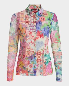 Johnny Was McDreamer Floral-Print Mesh Shirt
