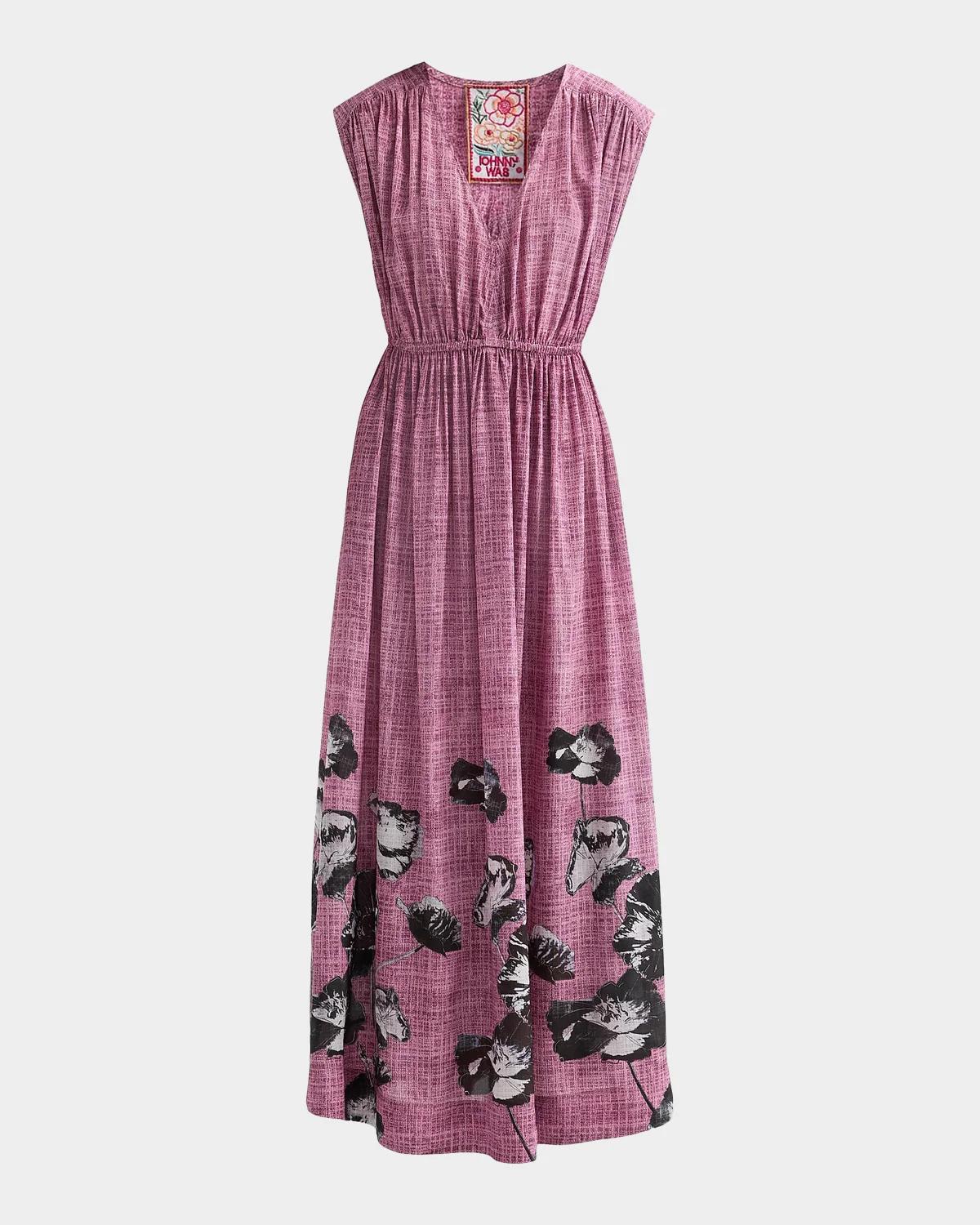 Johnny Was Monade Ruched Floral Silk Maxi Dress