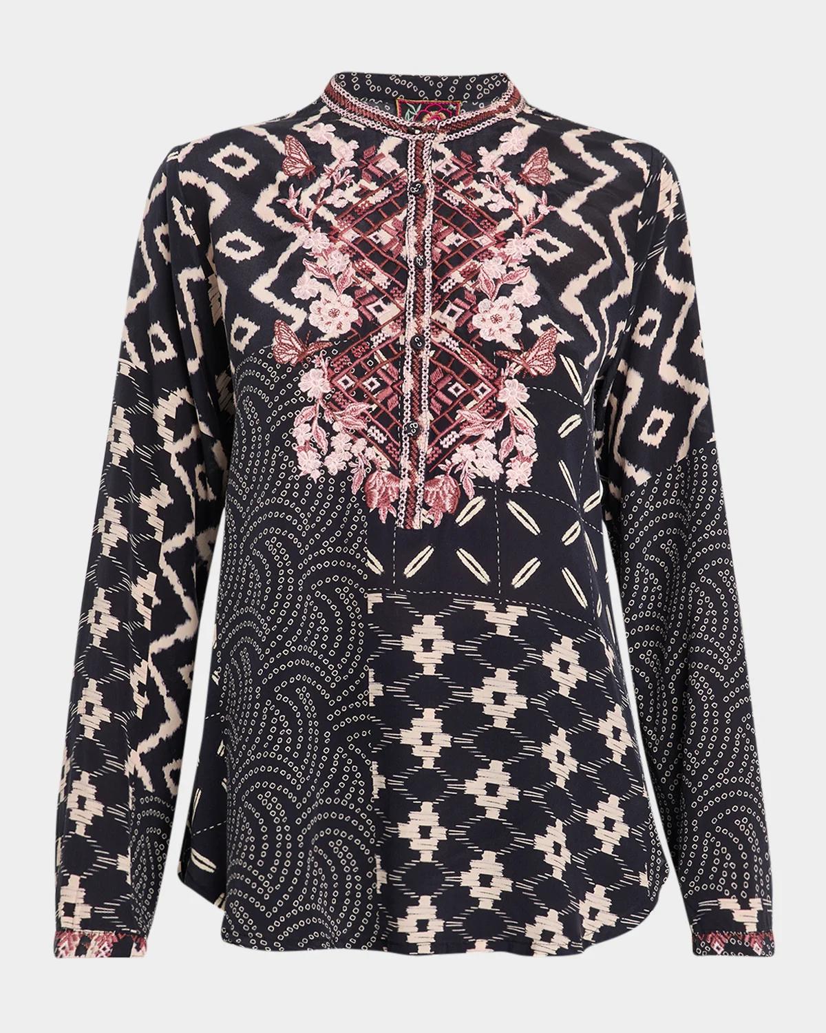 Johnny Was Nya Embroidered Patchwork-Print Silk Shirt