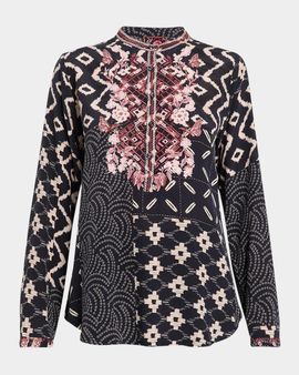 Johnny Was Nya Embroidered Patchwork-Print Silk Shirt