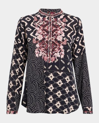 Johnny Was Nya Embroidered Patchwork-Print Silk Shirt