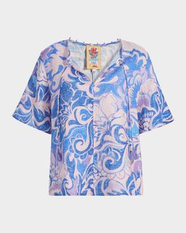 Johnny Was Ravena Botanical-Print Linen Blouse